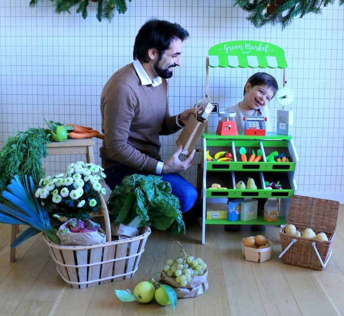Drevený obchod pre deti Janod s pokladňou váhovou ovocím a zeleninou