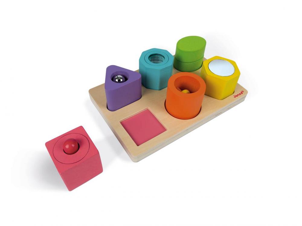 Dreven vkladacie puzzle Tvary a zvuky I Wood Janod s rznymi hernmi prvkami od 1 roka