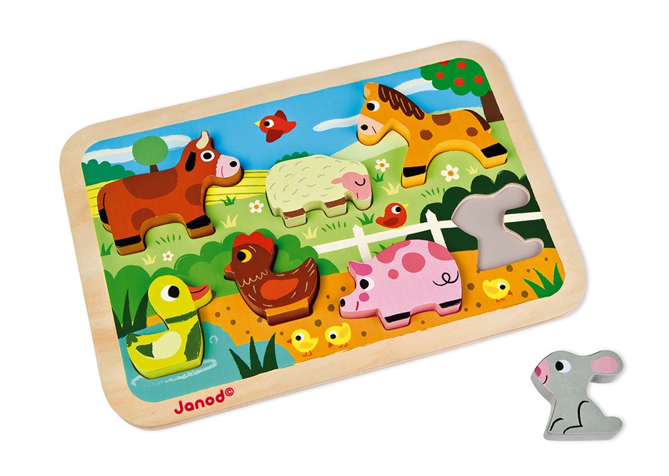 Dreven vkladacie puzzle pre najmench Farma Chunky Janod od 1 roka 7 dielov