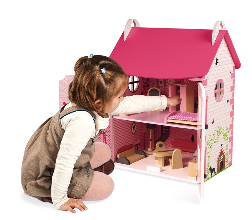 Drevený domček pre bábiky Mademoiselle Janod s príslušenstvom 11 ks nábytku od 3 rokov