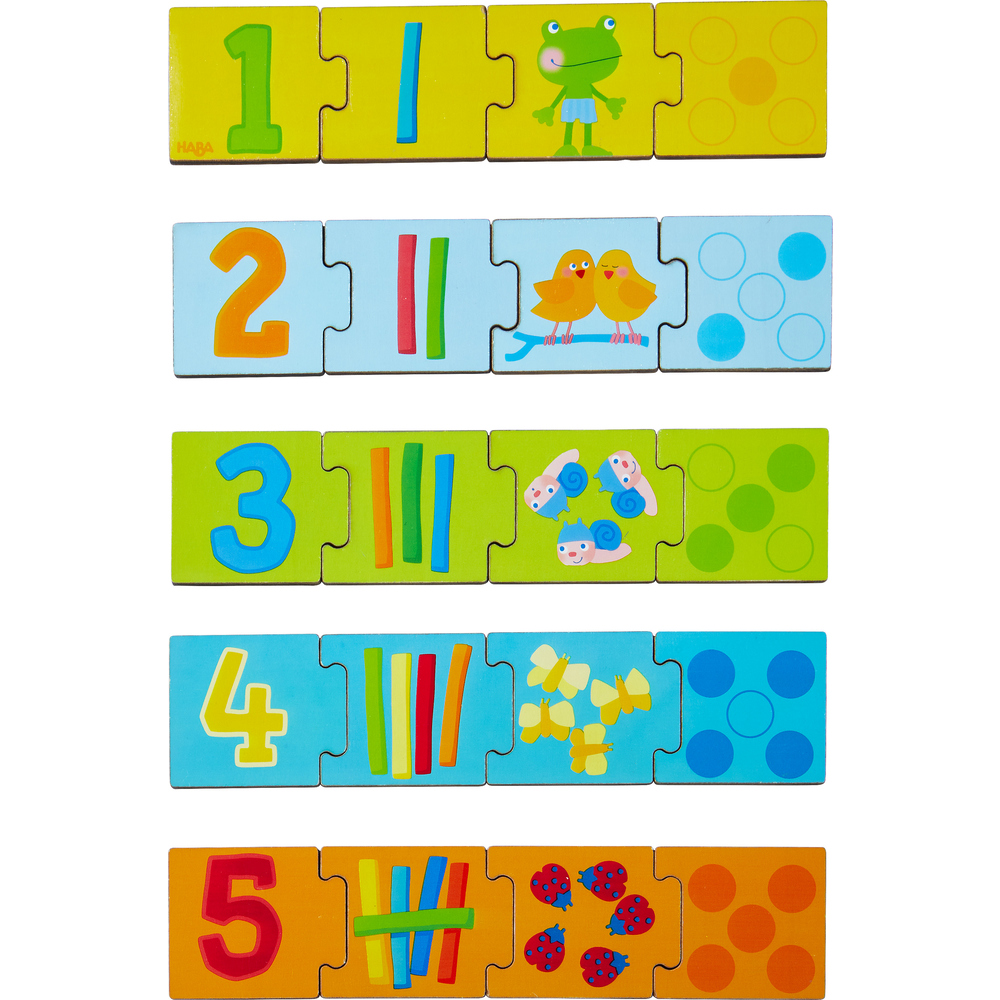 Drevené puzzle na učenie čísel do 5 a priraďovanie 20 ks Haba