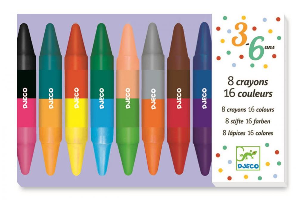 Obojstranné pastelky pre deti Djeco 8 ks 16 farieb od 3 rokov
