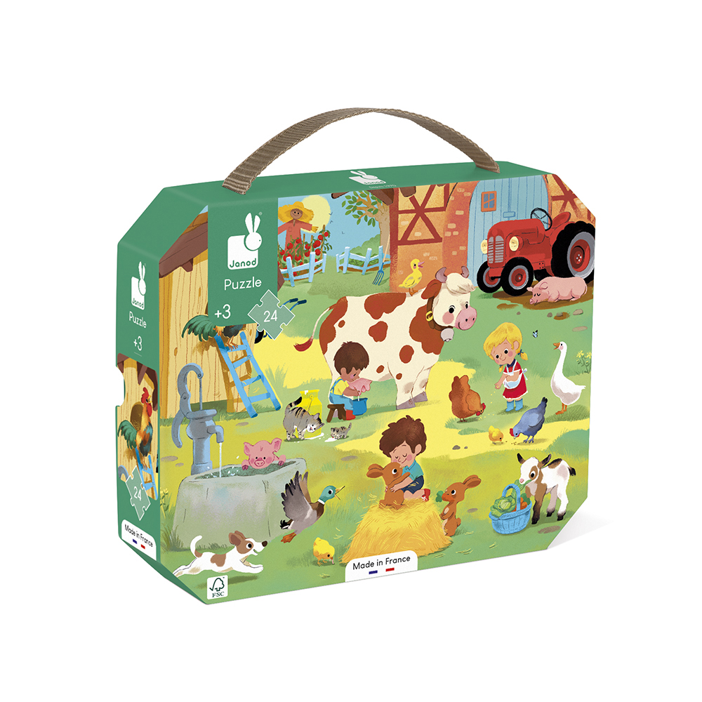 Puzzle pre deti Deň na farme Janod v kufríku 24 ks od 3 rokov