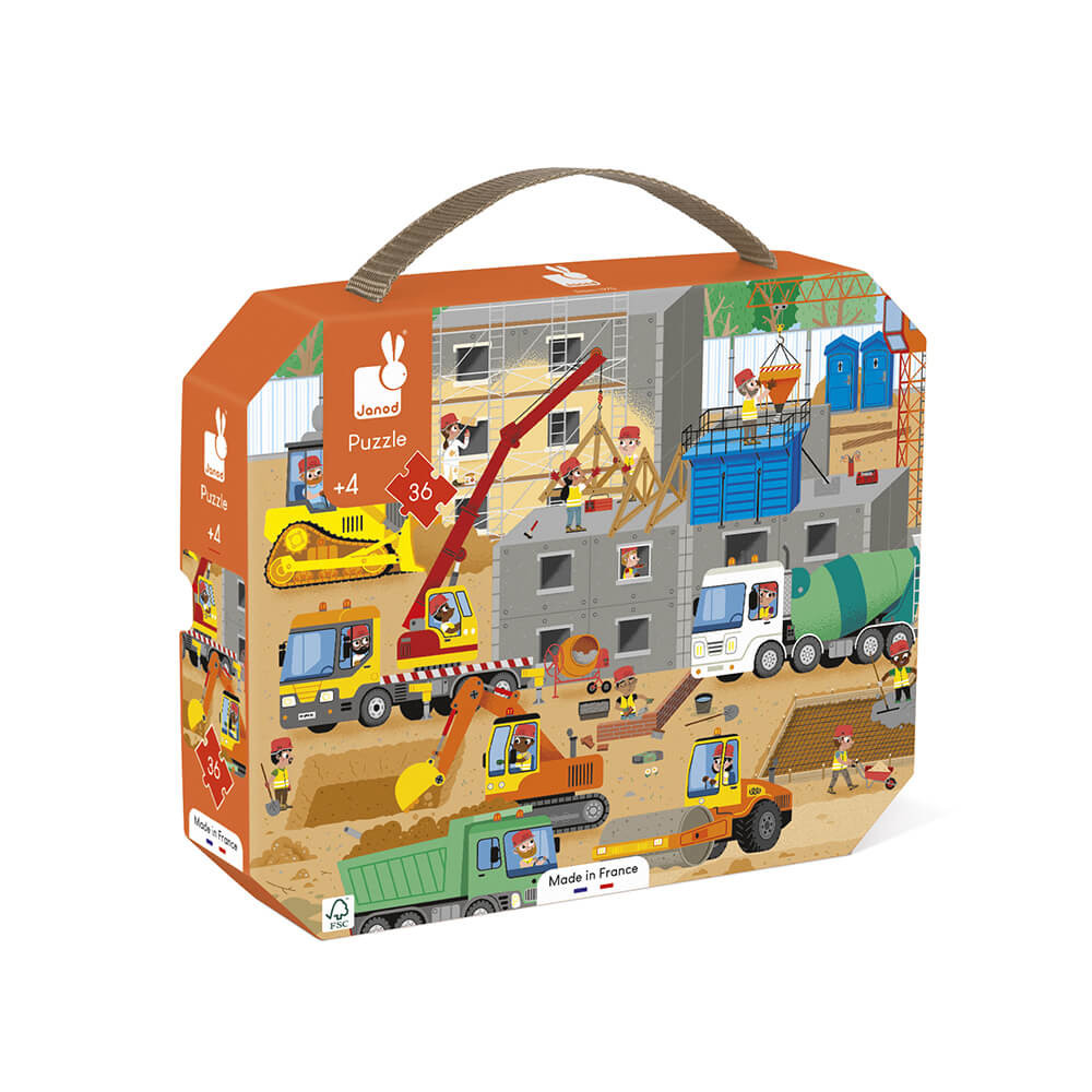 Puzzle pre deti Na stavbe Janod v kufríku 36 ks od 4 rokov
