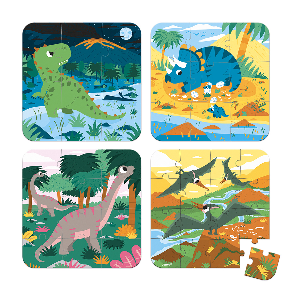 Puzzle pre deti 4v1 Dinosaury Janod v kufríku 6-9-12-16 ks
