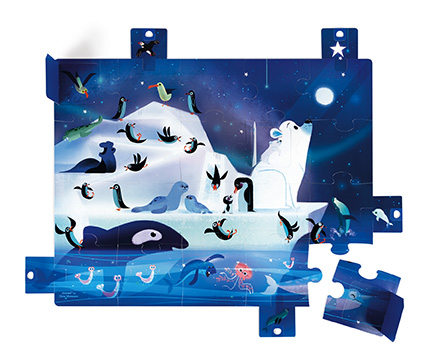 Detské puzzle s prekvapením Zvieratká Antarktída Janod s otváracími okienkami 20 ks od 2r.