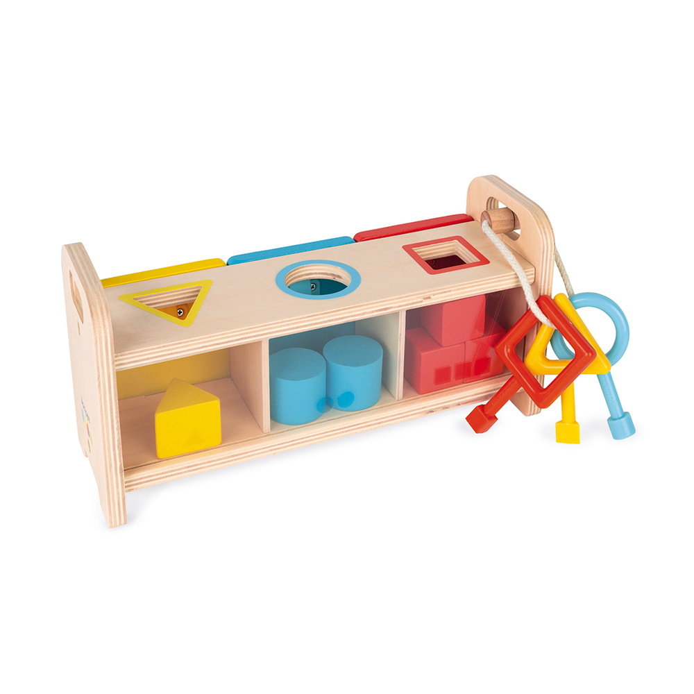 Dreven hraka na vkladanie a triedenie s kikmi a zmkami Janod sria Montessori