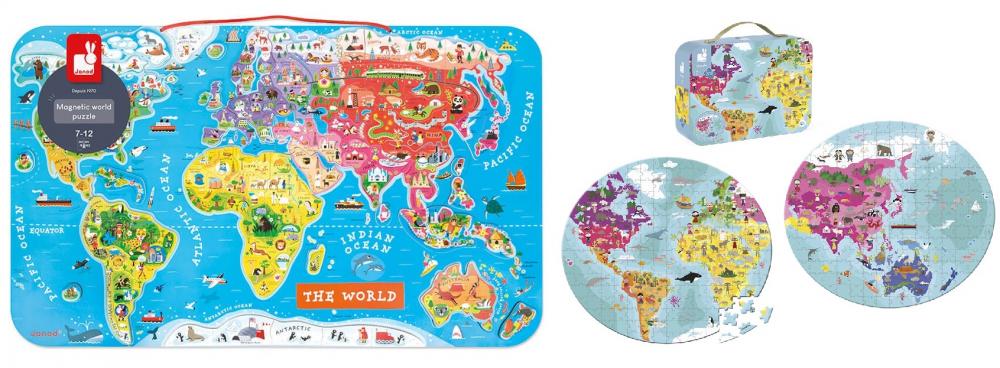 Sada 2 ks Magnetick mapa sveta Janod a Obojstrann puzzle Mapa sveta Janod