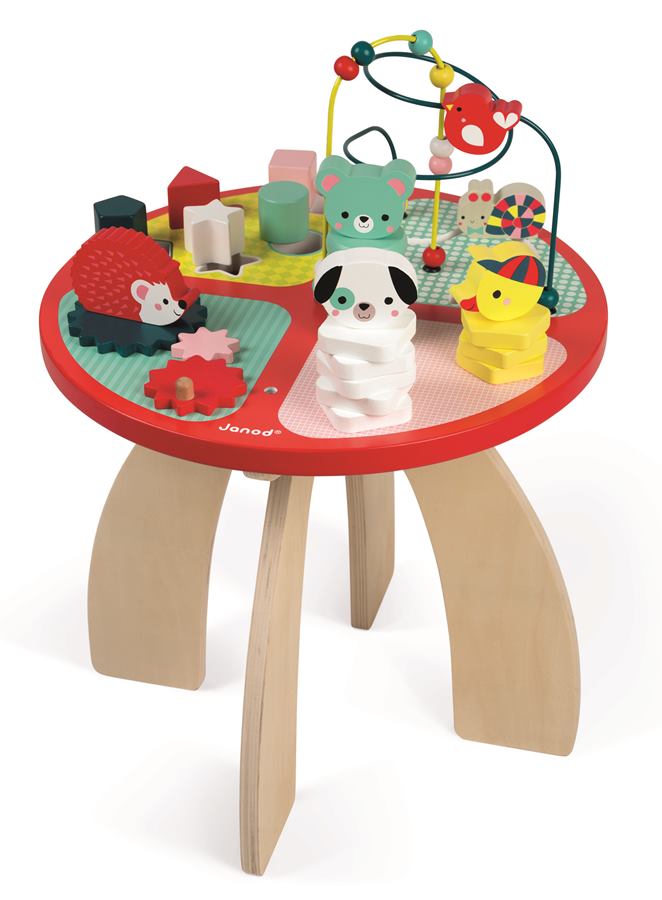 Drevený hrací stolík s aktivitami na jemnú motoriku Baby Forest Janod od 1 roka